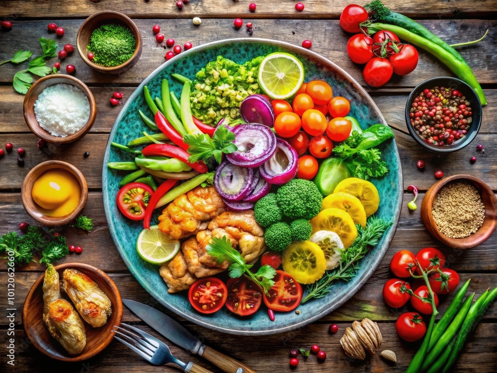 Delicious Front View of a Colorful Meal with Fresh Ingredients and Vibrant Presentation on Plate Delicious Front View of a Colorful Meal with Fresh Ingredients and Vibrant Presentation on Plate