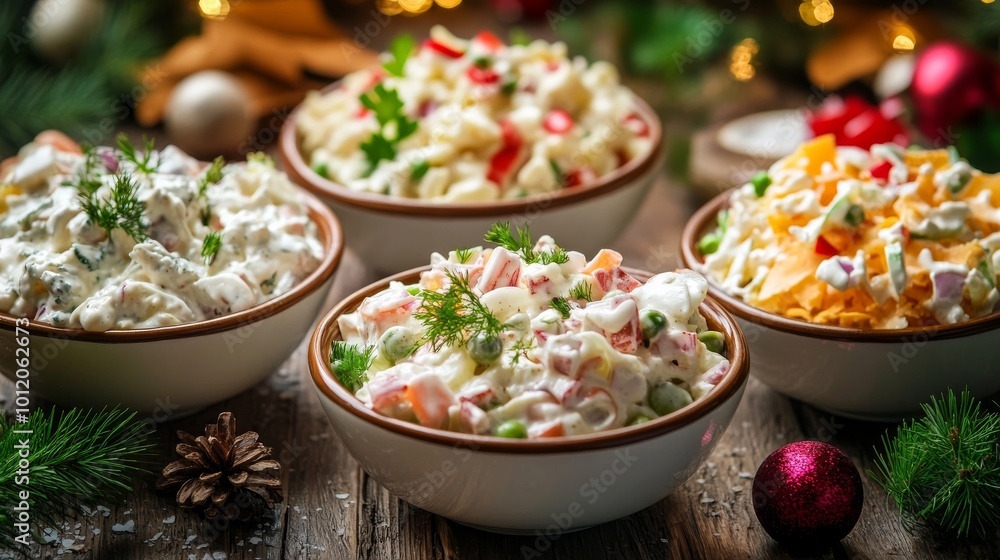 Mayo salads on rustic table Mayo salads on rustic table