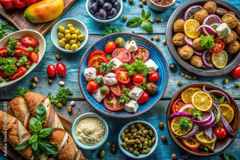 Delicious Greek Gofs Served with Fresh Ingredients and Vibrant Colors on a Rustic Wooden Table Delicious Greek Gofs Served with Fresh Ingredients and Vibrant Colors on a Rustic Wooden Table