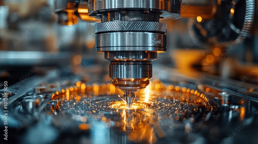 Close-up of a CNC machine drilling a metal part with sparks flying. Close-up of a CNC machine drilling a metal part with sparks flying.