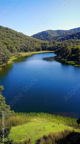 Landscape, Nature, Large Lake with Ducks and Boats, Lush Green, View from Above, Wallpaper, Cover and Screen for Smartphone, PC, Laptop, 9:16 and 16:9 Format