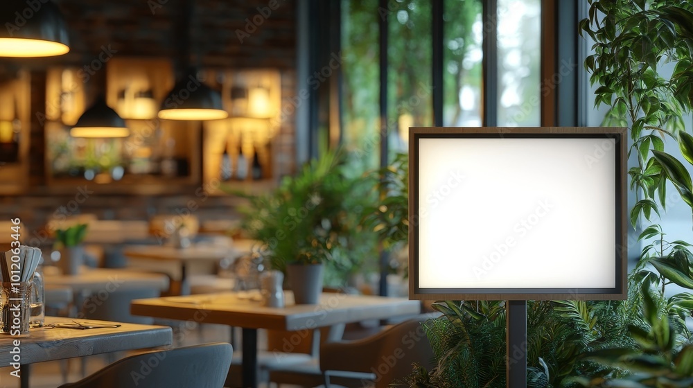 Modern blank screen kiosk template in bright restaurant interior. Digital marketing and design concept. Generative AI Modern blank screen kiosk template in bright restaurant interior. Digital marketing and design concept. Generative AI