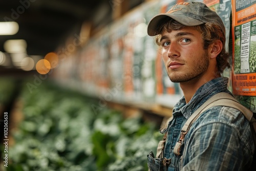 Young man in overalls and baseball cap leans against a wall of plants, looking directly at the camera.