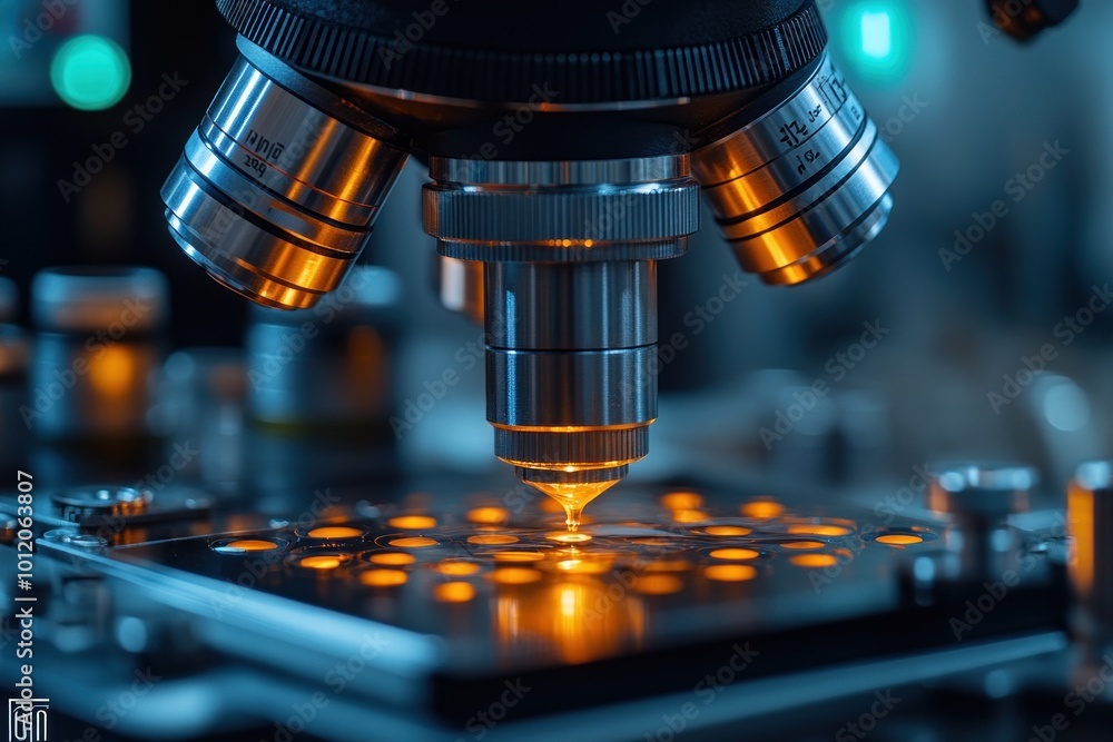 A close-up of a microscope lens focused on a sample on a slide with glowing orange light. A close-up of a microscope lens focused on a sample on a slide with glowing orange light.