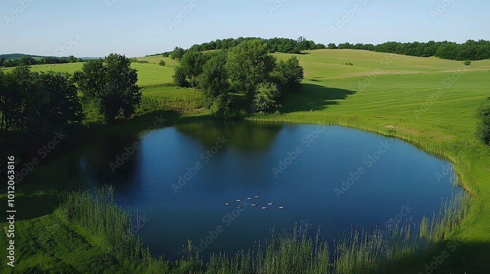 Landscape, Nature, Large Lake with Ducks and Boats, Lush Green, View from Above, Wallpaper, Cover and Screen for Smartphone, PC, Laptop, 9:16 and 16:9 Format Landscape, Nature, Large Lake with Ducks and Boats, Lush Green, View from Above, Wallpaper, Cover and Screen for Smartphone, PC, Laptop, 9:16 and 16:9 Format