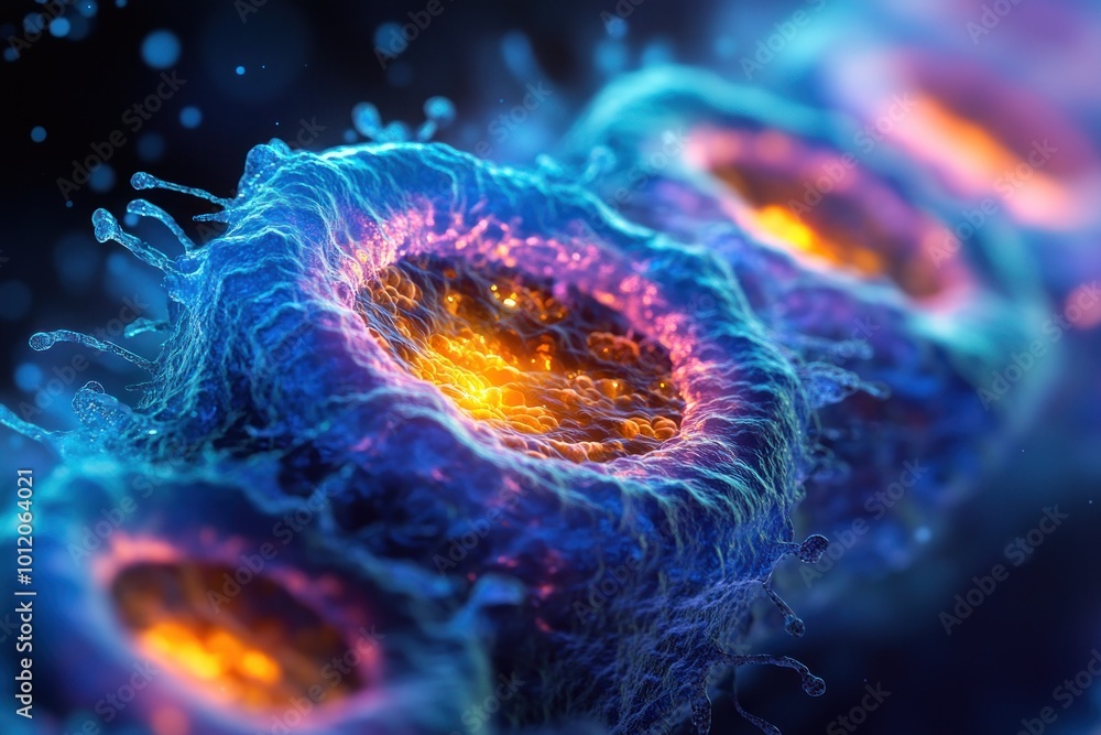 A microscopic view of cells with glowing orange centers, surrounded by a blue and purple membrane, with small particles floating in the background. A microscopic view of cells with glowing orange centers, surrounded by a blue and purple membrane, with small particles floating in the background.