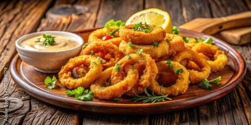 Deliciously Crispy Squid Rings Served with Lemon Wedge and Dipping Sauce on a Rustic Wooden Table