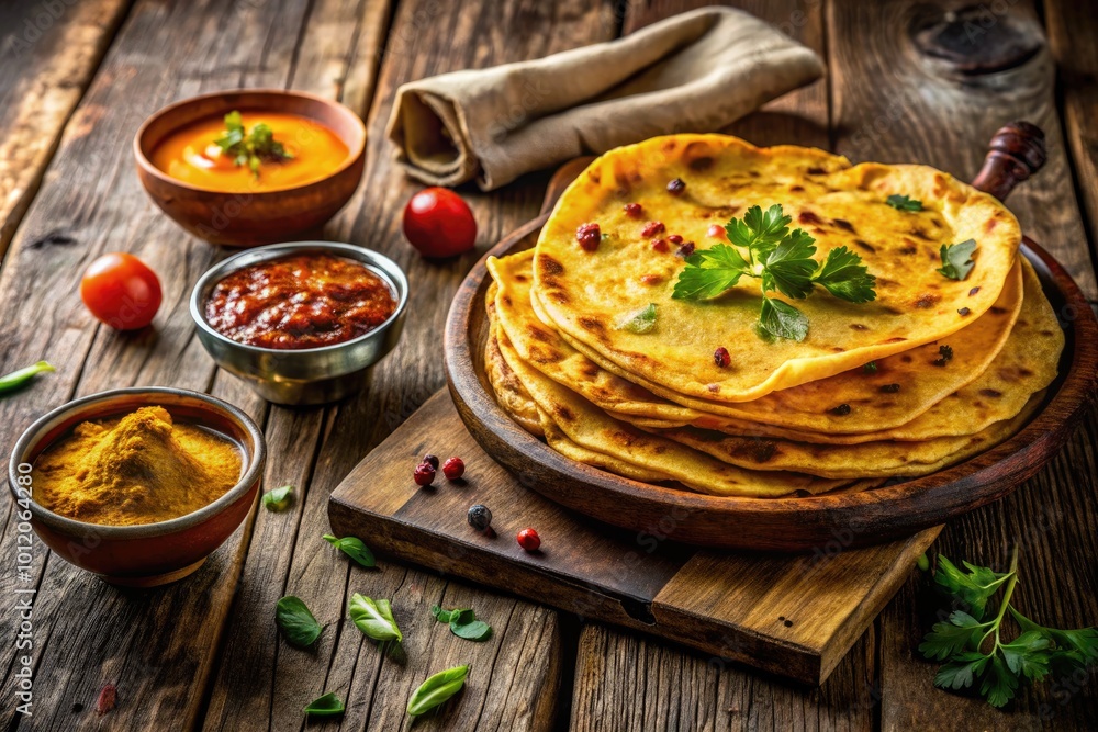 Deliciously Golden Roti Malaysia Served with Condiments on a Rustic Wooden Table in Natural Light Deliciously Golden Roti Malaysia Served with Condiments on a Rustic Wooden Table in Natural Light