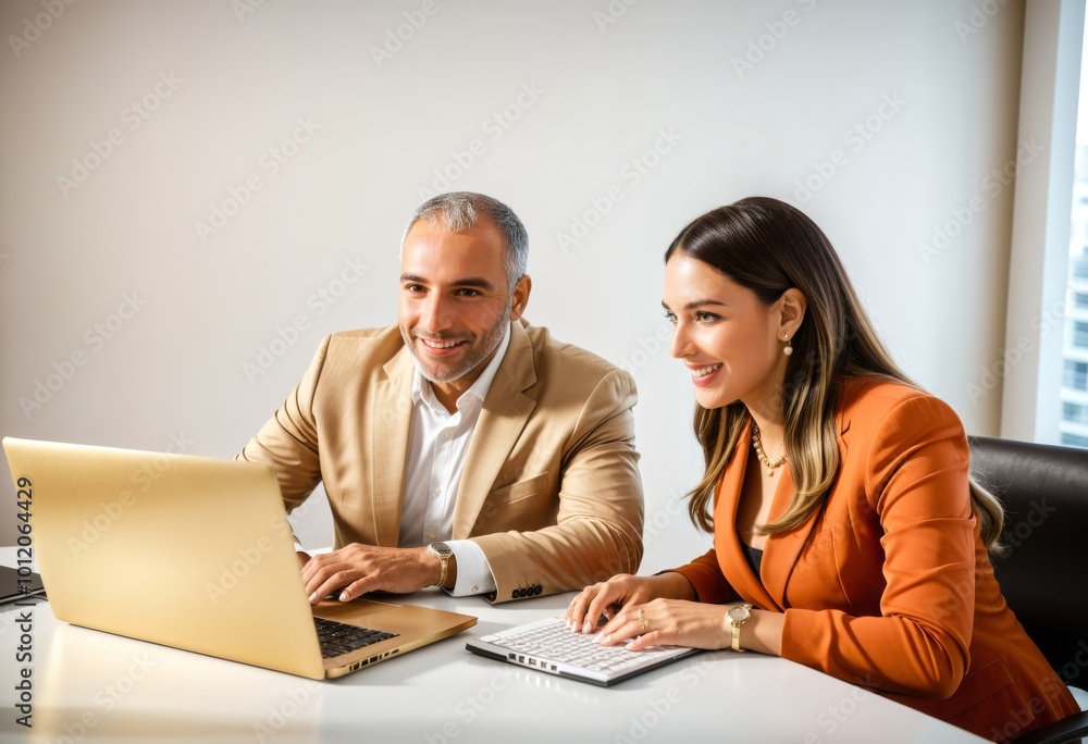 A diverse team of partners, including a mature Latin businessman and a European businesswoman, is discussing a project on a laptop at the office. A diverse team of partners, including a mature Latin businessman and a European businesswoman, is discussing a project on a laptop at the office.