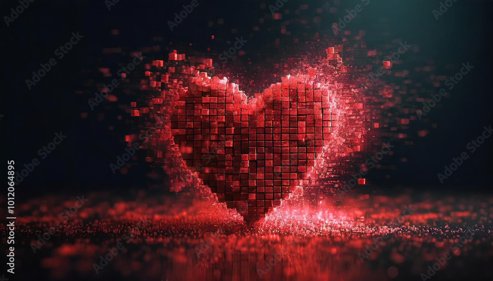 Heart-shaped figure dissolving into fragmented data blocks, symbolizing digital love fading away Heart-shaped figure dissolving into fragmented data blocks, symbolizing digital love fading away