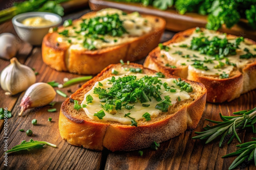 Deliciously toasted garlic bread topped with herbs and butter, perfect for any meal or appetizer. Deliciously toasted garlic bread topped with herbs and butter, perfect for any meal or appetizer.