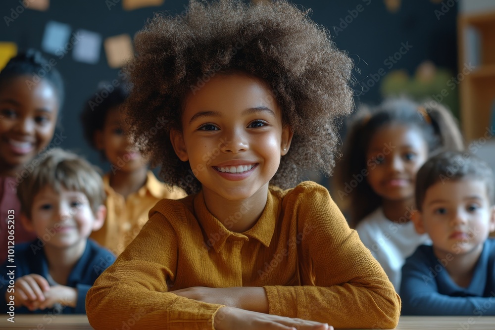 Group of adorable learners of nursery school sitting by table at lesson while mature African American female teacher standing by them, Generative AI Group of adorable learners of nursery school sitting by table at lesson while mature African American female teacher standing by them, Generative AI
