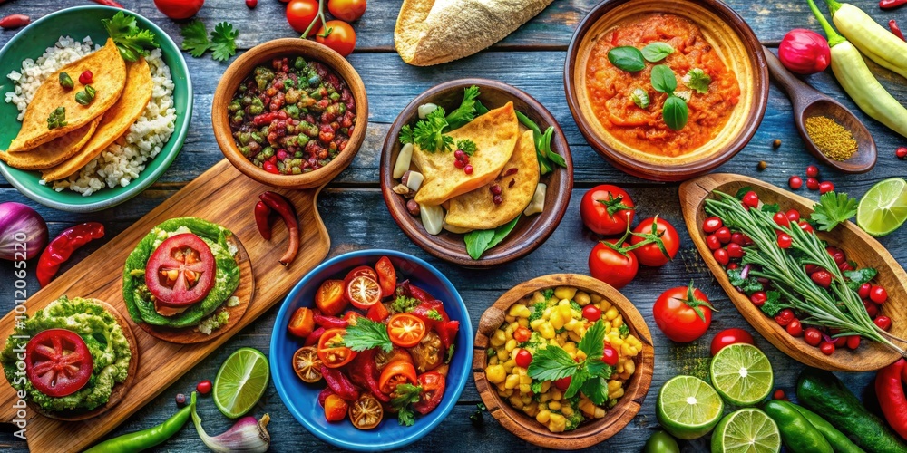 Delicious Mexican Cuisine: Colorful Ingredients and Authentic Cooking Techniques in a Vibrant Kitchen Delicious Mexican Cuisine: Colorful Ingredients and Authentic Cooking Techniques in a Vibrant Kitchen