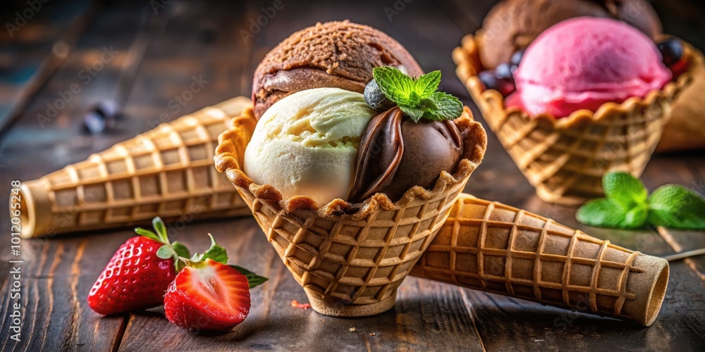 Delicious Neapolitan Ice Cream Scoop in a Waffle Cone with Chocolate, Vanilla, and Strawberry Flavors Delicious Neapolitan Ice Cream Scoop in a Waffle Cone with Chocolate, Vanilla, and Strawberry Flavors