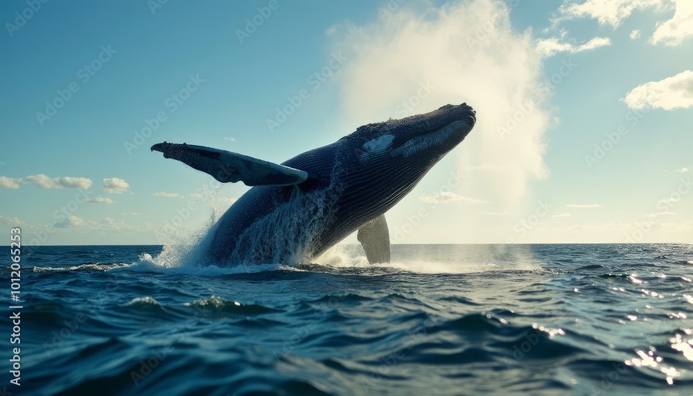 Fototapeta premium Dolphin jumping from the ocean waves with a splash, surrounded by marine wildlife