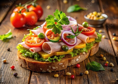 Delicious open-faced ham sandwich with fresh toppings on a rustic wooden table background