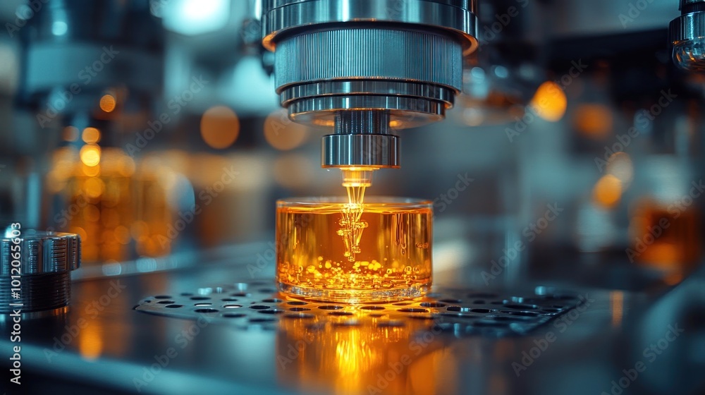 Close-up of a machine filling a glass bottle with a golden liquid. Close-up of a machine filling a glass bottle with a golden liquid.