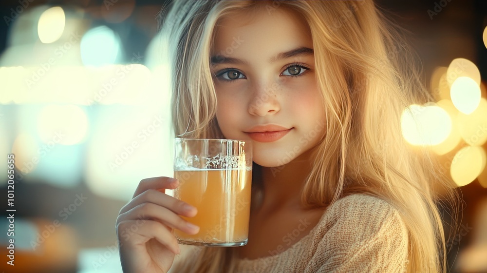 Blond girl and apple juice, face sharp. Blond girl and apple juice, face sharp.