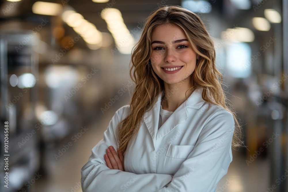 Beautiful confectionery factory worker standing in white coat with arms crossed smiling and looking at camera, Generative AI Beautiful confectionery factory worker standing in white coat with arms crossed smiling and looking at camera, Generative AI