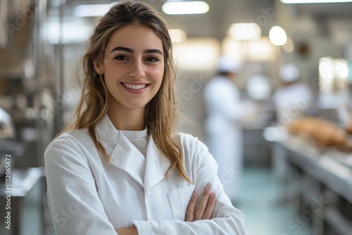 Beautiful confectionery factory worker standing in white coat with arms crossed smiling and looking at camera, Generative AI