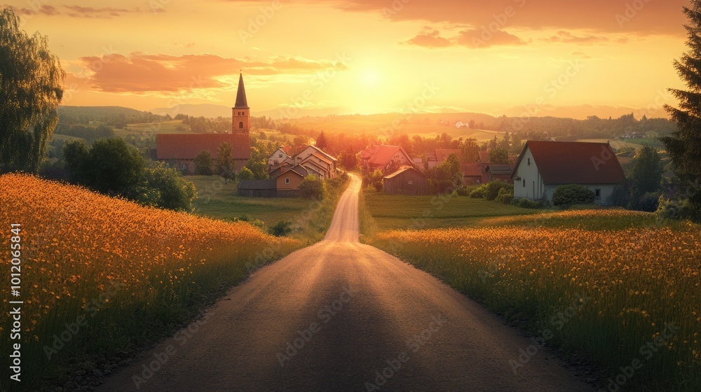 Obraz premium Golden Hour in a Quaint Village: Sunset View of Charming Farmhouses on Asphalt Road