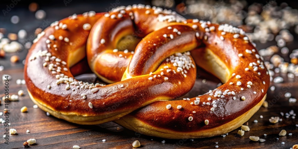 Delicious Soft Pretzel in Classic Knot Shape on a Rustic Wooden Table with Sea Salt Sprinkles Delicious Soft Pretzel in Classic Knot Shape on a Rustic Wooden Table with Sea Salt Sprinkles
