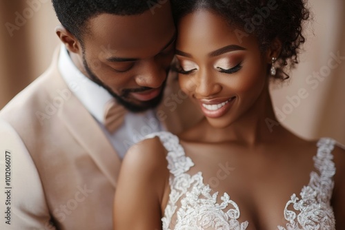 Closeup of black couple getting married and spending time together before wedding ceremony, copy space, Generative AI