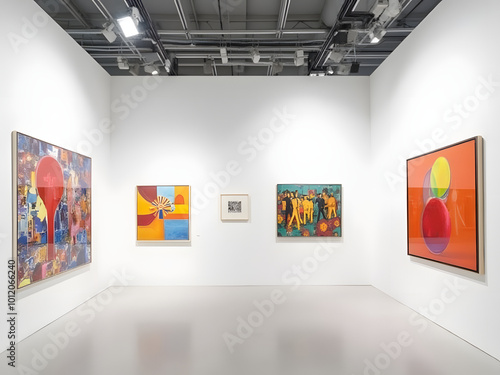 Art Basel Miami Beach, contemporary art displays in a bright, minimalist gallery setting, international artists, vibrant artworks_00001_