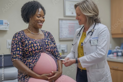 Smiling pregnant Black woman sitting on examination table in medical center while mature Caucasian female gynecologist checking abdominal girth with measuring, Generative AI