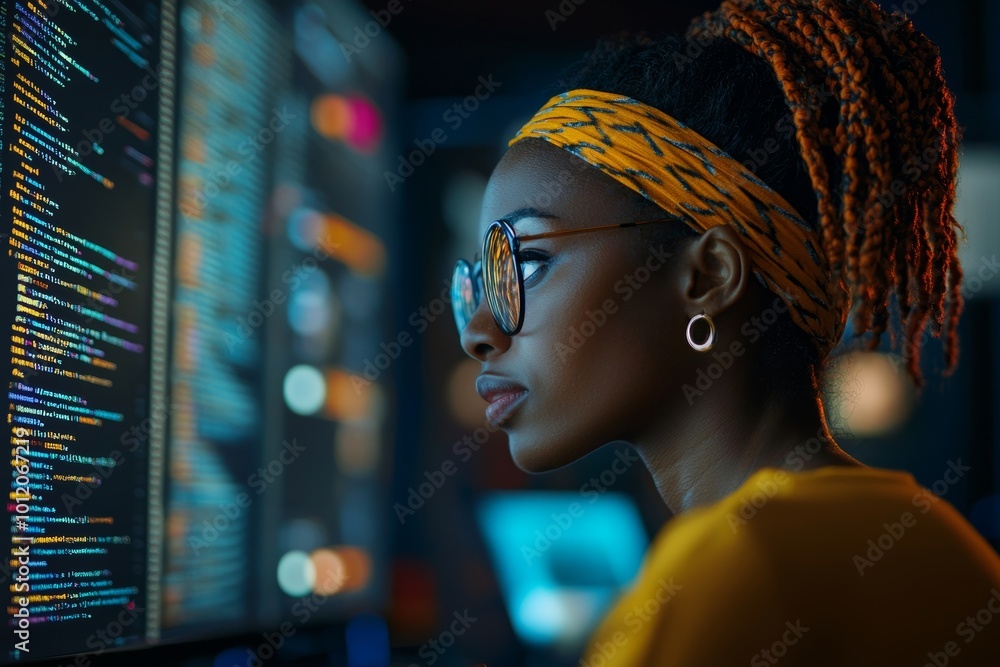Obraz premium High-angle side view shot of African American female programmer working on computer reading multiple screens with code lines running, Generative AI