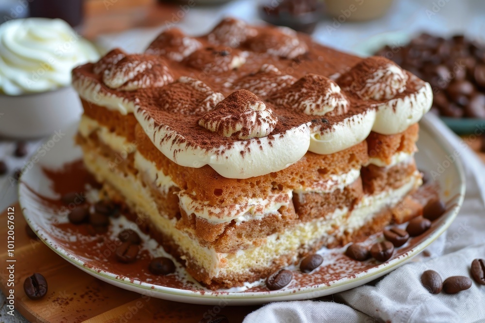 Delicious slice of tiramisu served on a rustic plate alongside a cup of coffee in a cozy cafe in the afternoon Delicious slice of tiramisu served on a rustic plate alongside a cup of coffee in a cozy cafe in the afternoon