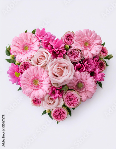 Heart made of pink flowers. Beautiful bouquet. Floral composition. Love and romantic concept.