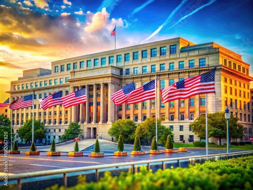 Department of National Security Building in the United States with Flags and Modern Architecture