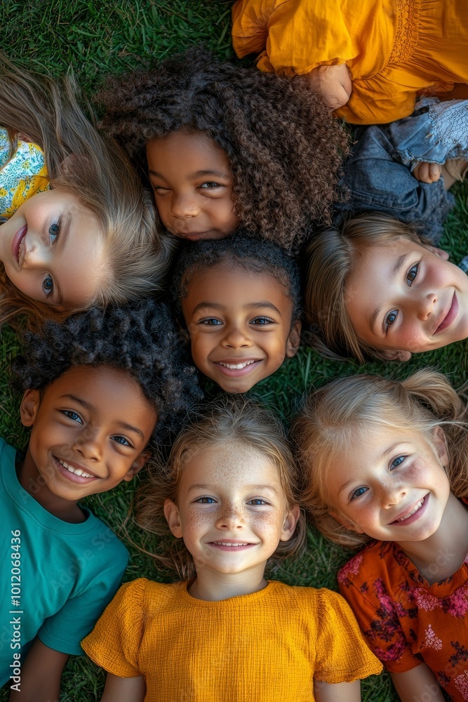 Vertical top view portrait of diverse group of kids lying on grass in park and looking at camera smiling, Generative AI Vertical top view portrait of diverse group of kids lying on grass in park and looking at camera smiling, Generative AI