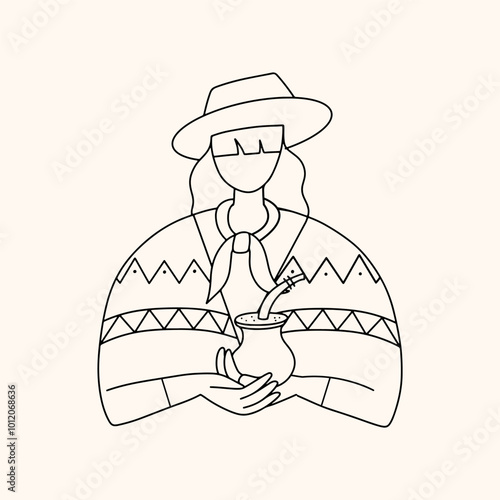 A girl in a poncho with yerba mate in her hands. Gaucho woman with tea. Vector illustration.