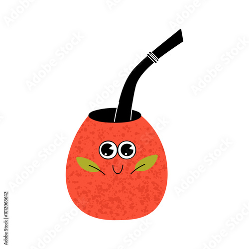 Cartoon funny character yerba mate tea brewed in calabash. Paraguayan tea. Vector illustration.