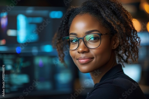 Medium portrait shot of curly female African American VR developer wearing glasses and orange shirt looking at camera while sitting at working desk with multiple computer screens, copy, Generative AI