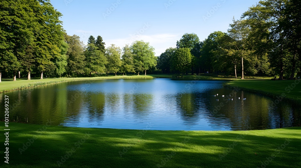 Landscape, Nature, Large Lake with Ducks and Boats, Lush Green, View from Above, Wallpaper, Cover and Screen for Smartphone, PC, Laptop, 9:16 and 16:9 Format Landscape, Nature, Large Lake with Ducks and Boats, Lush Green, View from Above, Wallpaper, Cover and Screen for Smartphone, PC, Laptop, 9:16 and 16:9 Format