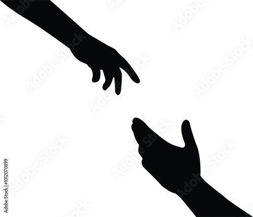 The helping hand reaches out to the other hand. vector cartoon illustration. Black silhouettes isolated on white background.