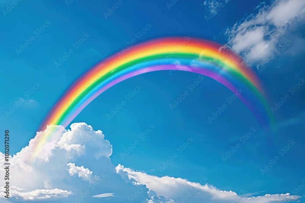A vibrant rainbow arches across a clear blue sky filled with fluffy white clouds, capturing the beauty of nature after a recent rain shower A vibrant rainbow arches across a clear blue sky filled with fluffy white clouds, capturing the beauty of nature after a recent rain shower