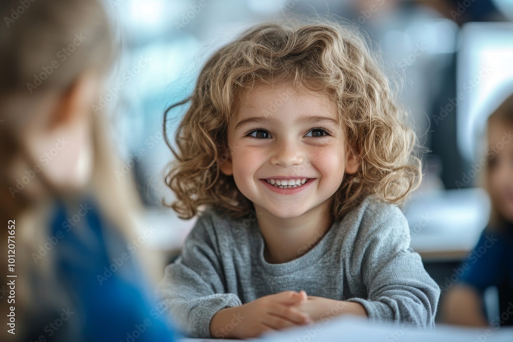 Shot of smiling little kid in primary school sitting at desk discussing lesson topic with classmate, Generative AI Shot of smiling little kid in primary school sitting at desk discussing lesson topic with classmate, Generative AI
