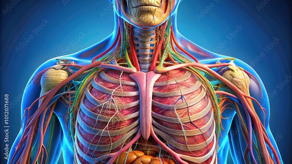 Detailed Anatomical Illustration of the Thoracic Cavity with Organs and Structures Labeled Clearly Detailed Anatomical Illustration of the Thoracic Cavity with Organs and Structures Labeled Clearly