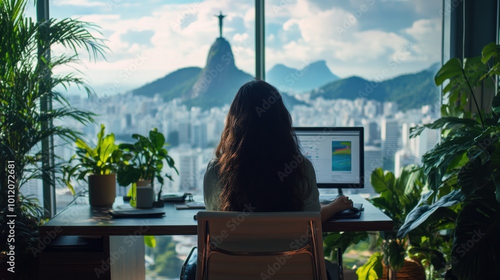 Obraz premium Woman Working with a View of Rio de Janeiro