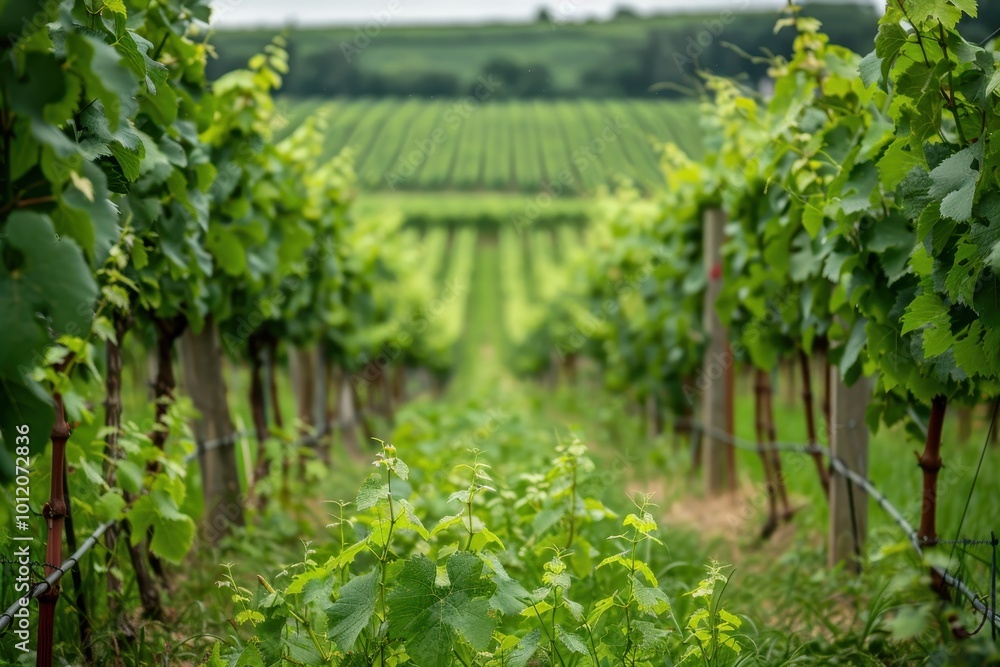 Lush green vines in a vineyard stretch across rolling hills under a cloudy sky during the early morning hours in a picturesque wine-producing region Lush green vines in a vineyard stretch across rolling hills under a cloudy sky during the early morning hours in a picturesque wine-producing region