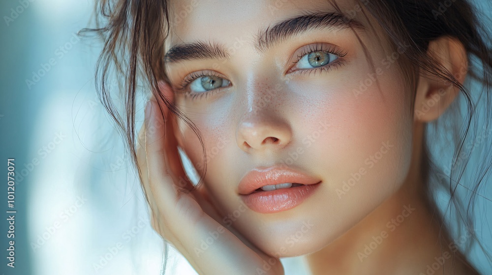 Pretty woman for face wash product model, with hand on her face, fresh face, beautiful, glowing, healthy skin, Stock Image Pretty woman for face wash product model, with hand on her face, fresh face, beautiful, glowing, healthy skin, Stock Image