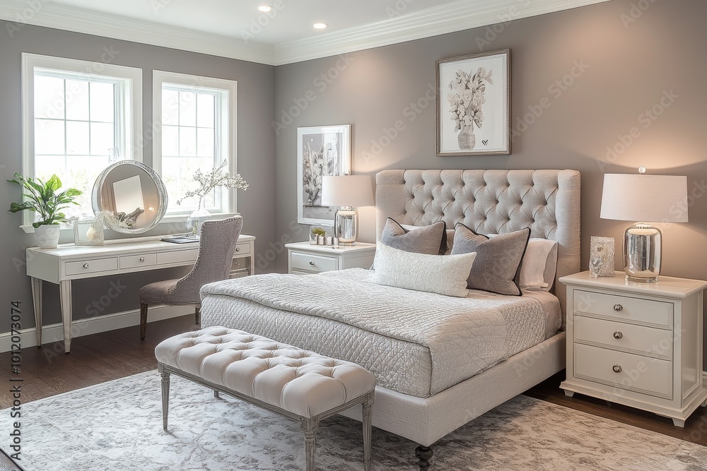 Gray master bedroom interior with makeup table, Generative AI Gray master bedroom interior with makeup table, Generative AI