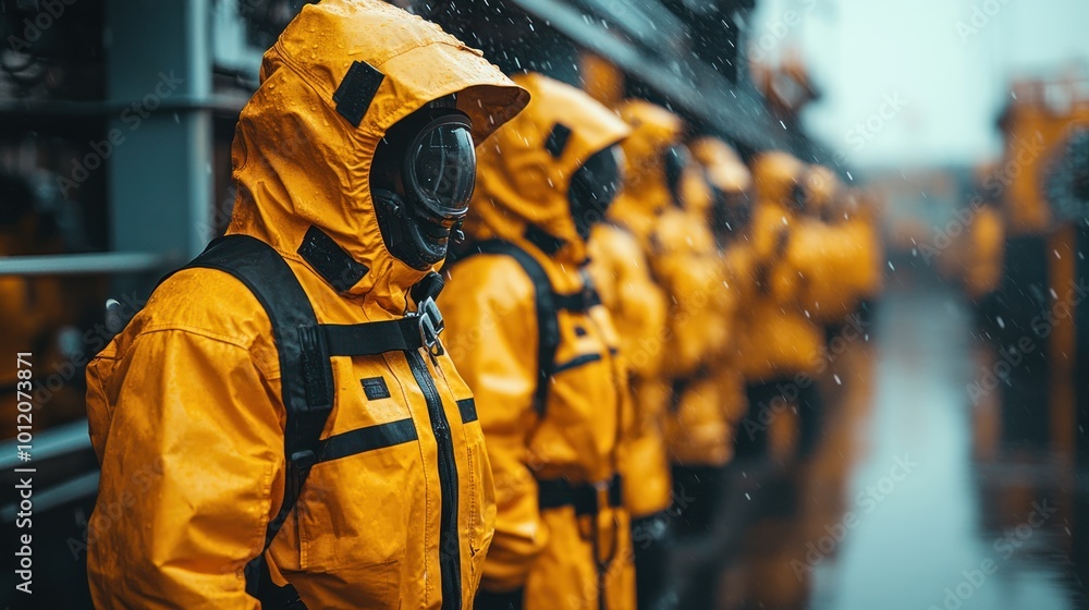 A group of people wearing yellow hazmat suits and gas masks stand in a line, waiting for instructions. A group of people wearing yellow hazmat suits and gas masks stand in a line, waiting for instructions.
