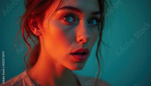 Pretty girl's expression on a color background. A beautiful lifestyle wallpaper.