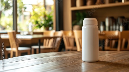 White Thermos Bottle on Wooden Table. AI generated illustration.