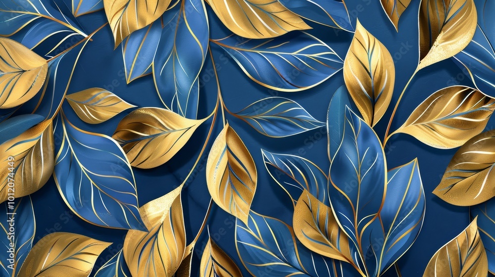 Golden Elegance Intricate Blue and Gold Leaf Pattern for Chic Modern Decor Golden Elegance Intricate Blue and Gold Leaf Pattern for Chic Modern Decor